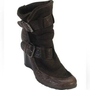 Fendi Brown Suede Shearling and leather wedge-heeled ankle boots EU 35.5-36